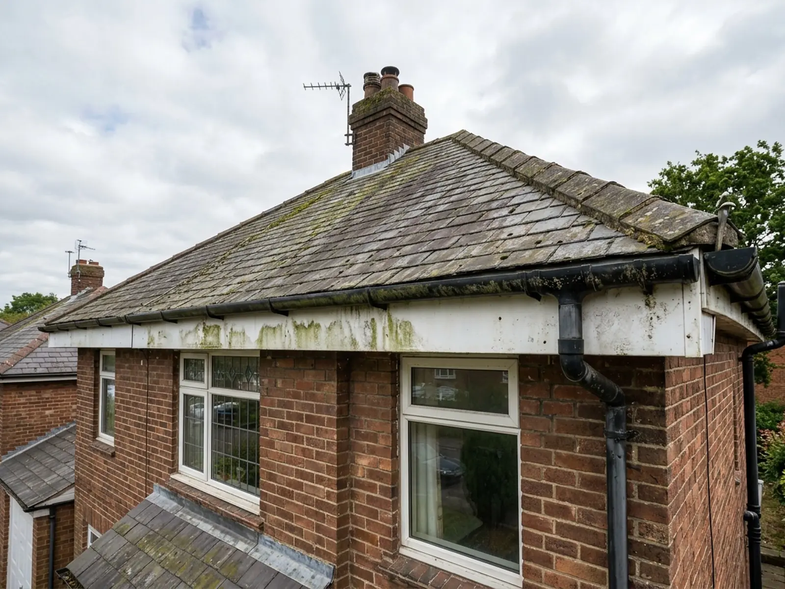 Algae-stained white fascias, soffits and guttering before spraying