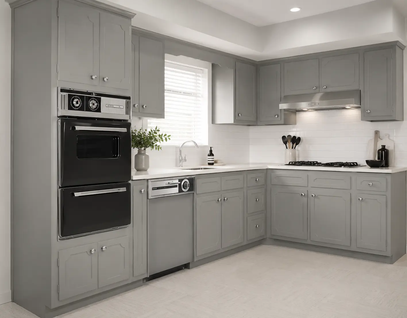 The same kitchen with cabinets resprayed in soft grey with a white splashback