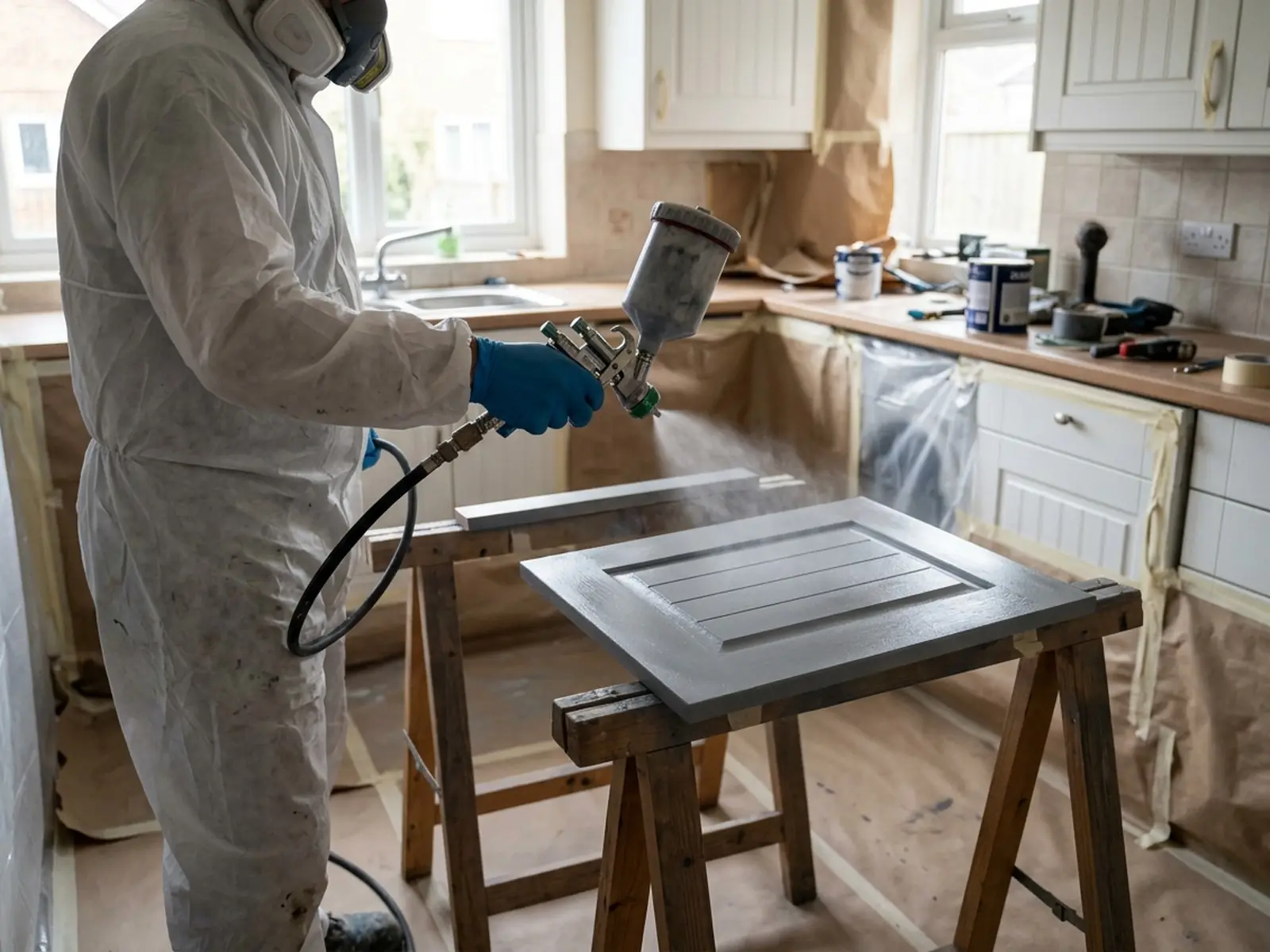 Spray gun applying an even coat to a cabinet door