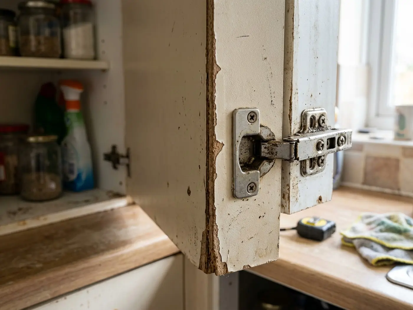 Close-up of a cabinet door edge and hinge being assessed