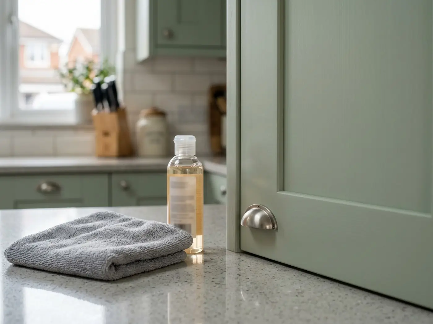 Soft cloth cleaning a sprayed cabinet door