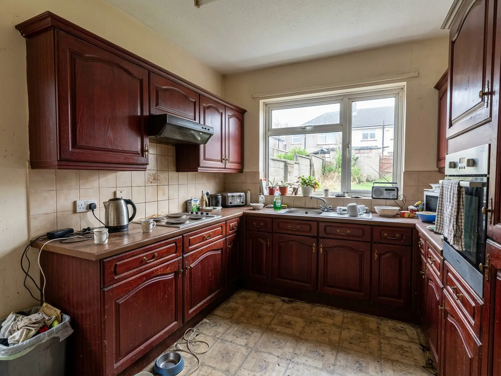Dated kitchen cabinets before respraying in Sandbach