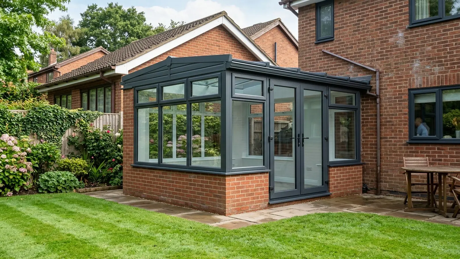 Conservatory with resprayed frames and roofline