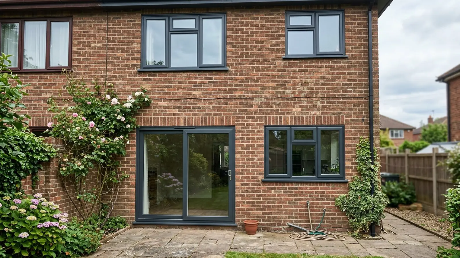 Resprayed UPVC windows and frames on a house elevation