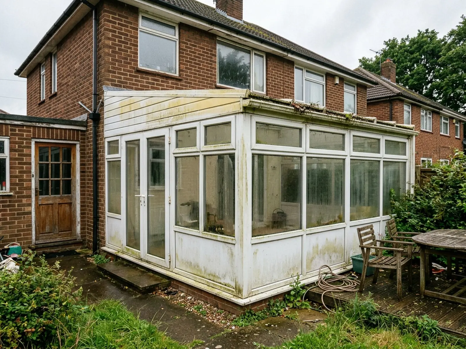 Discoloured conservatory frames before spraying