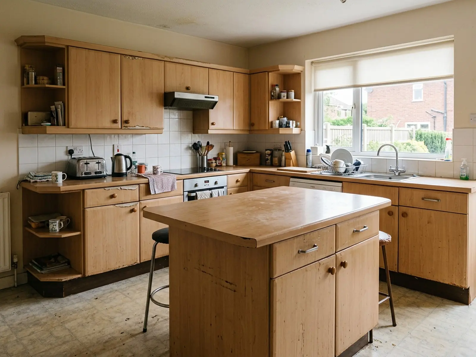 Dated kitchen cabinets before respraying in Stoke-on-Trent