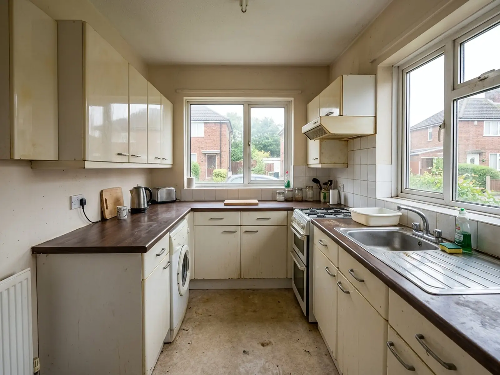 Dated kitchen cabinets before respraying in Congleton