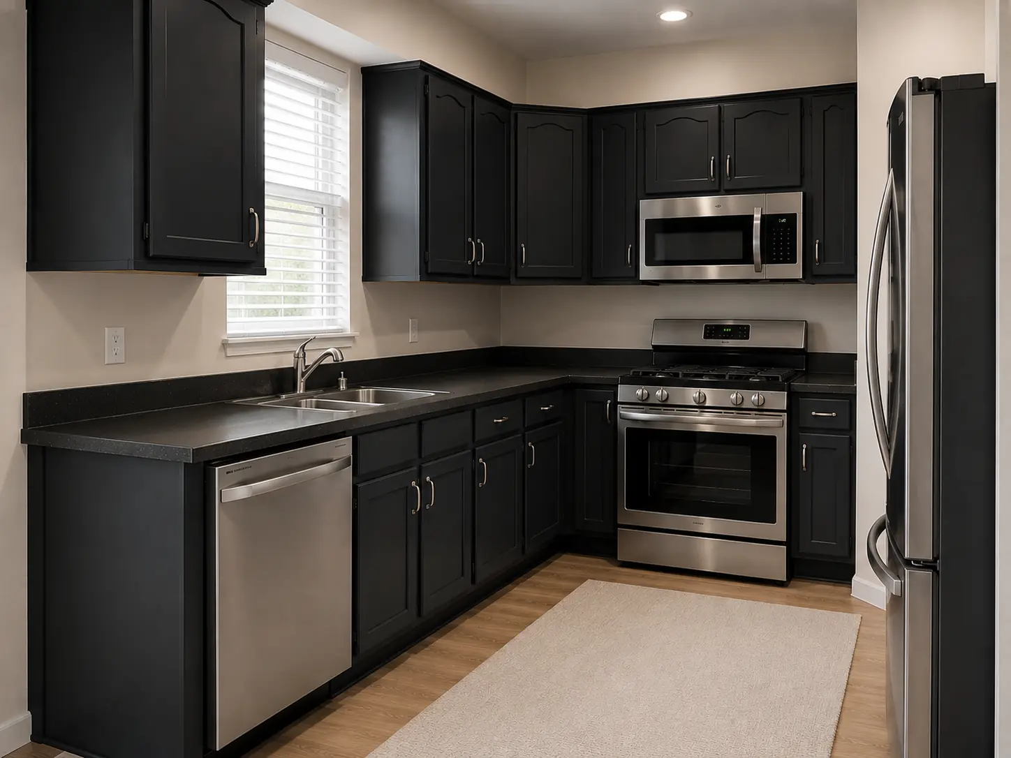 The same compact kitchen with cabinets resprayed in matt black