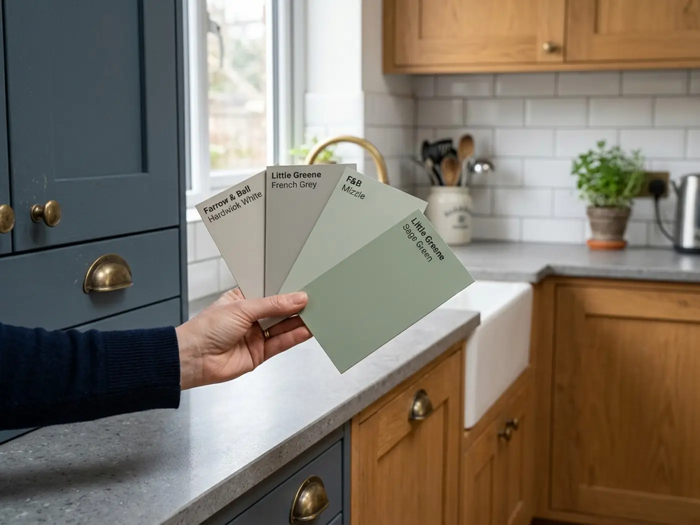 Colour sample boards held against a kitchen worktop