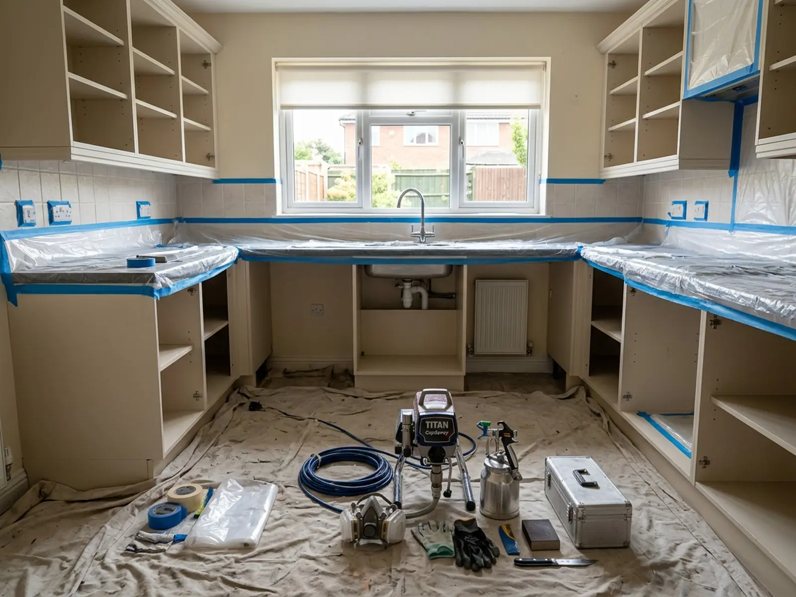 Kitchen masked and protected before spraying begins