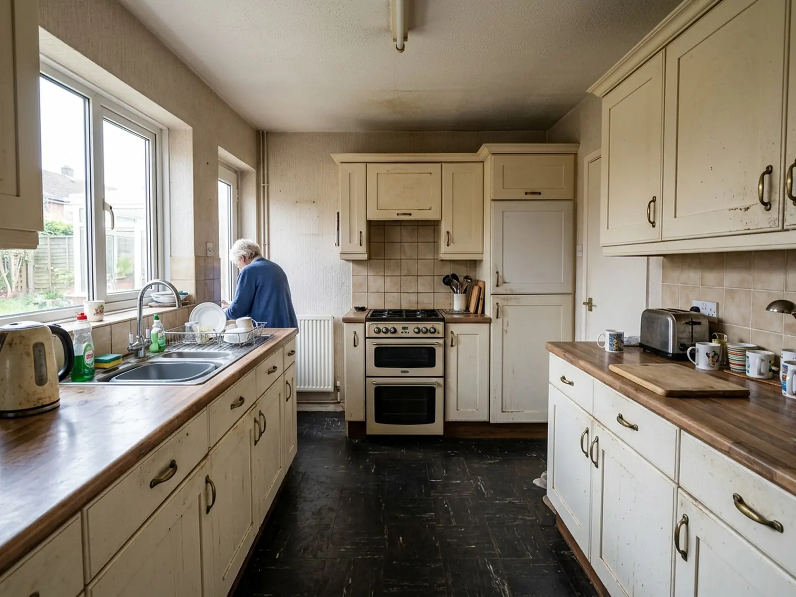 Dated kitchen cabinets before respraying in Leek