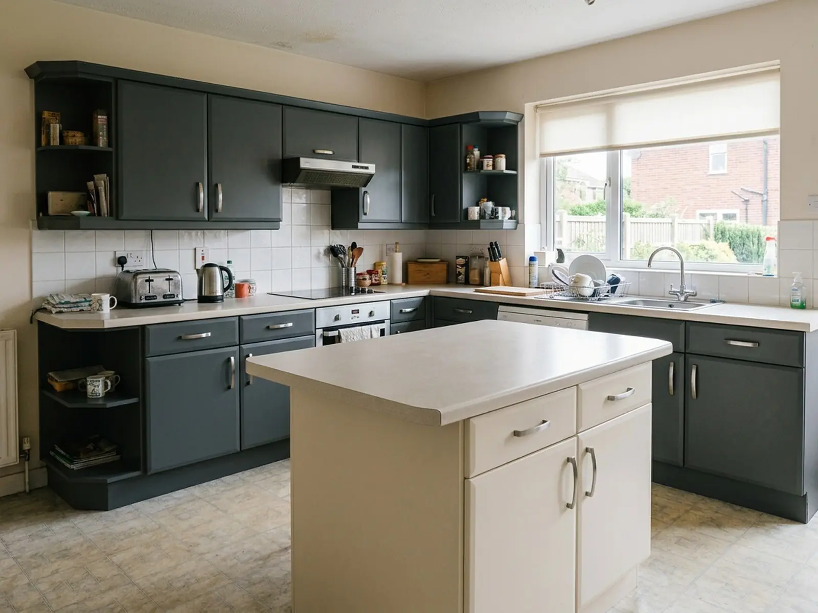 The same kitchen after the cabinets were resprayed