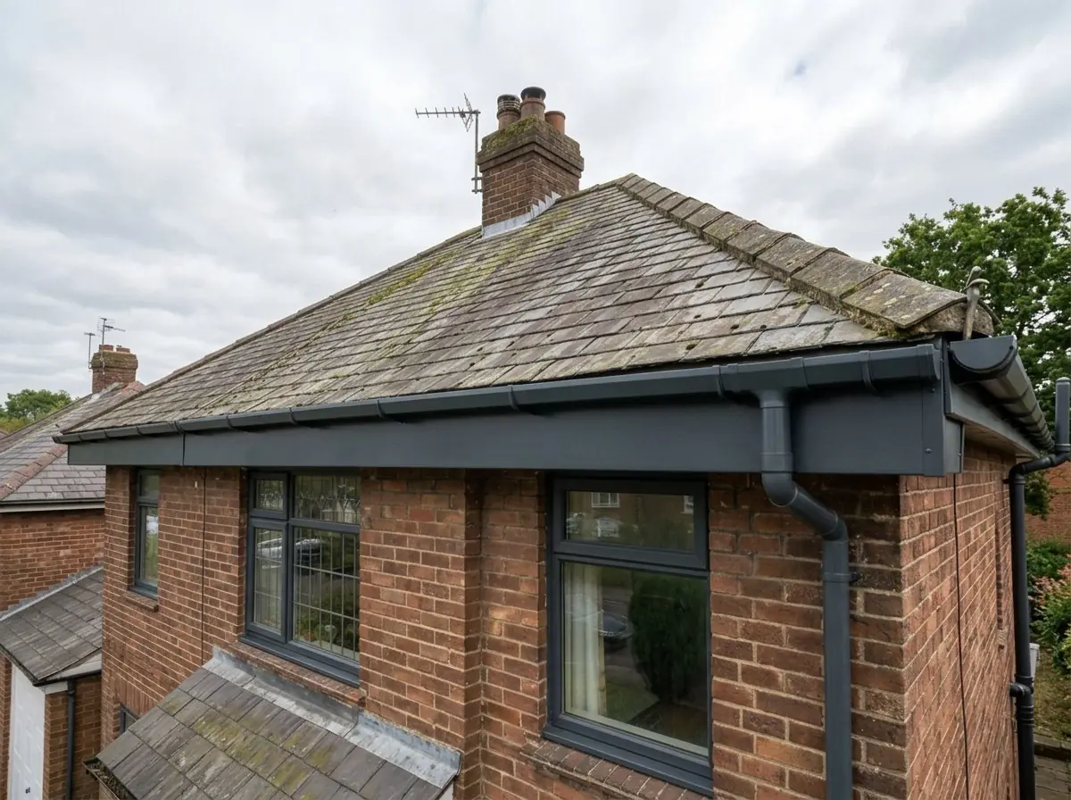 The same fascias, soffits and guttering resprayed in anthracite grey